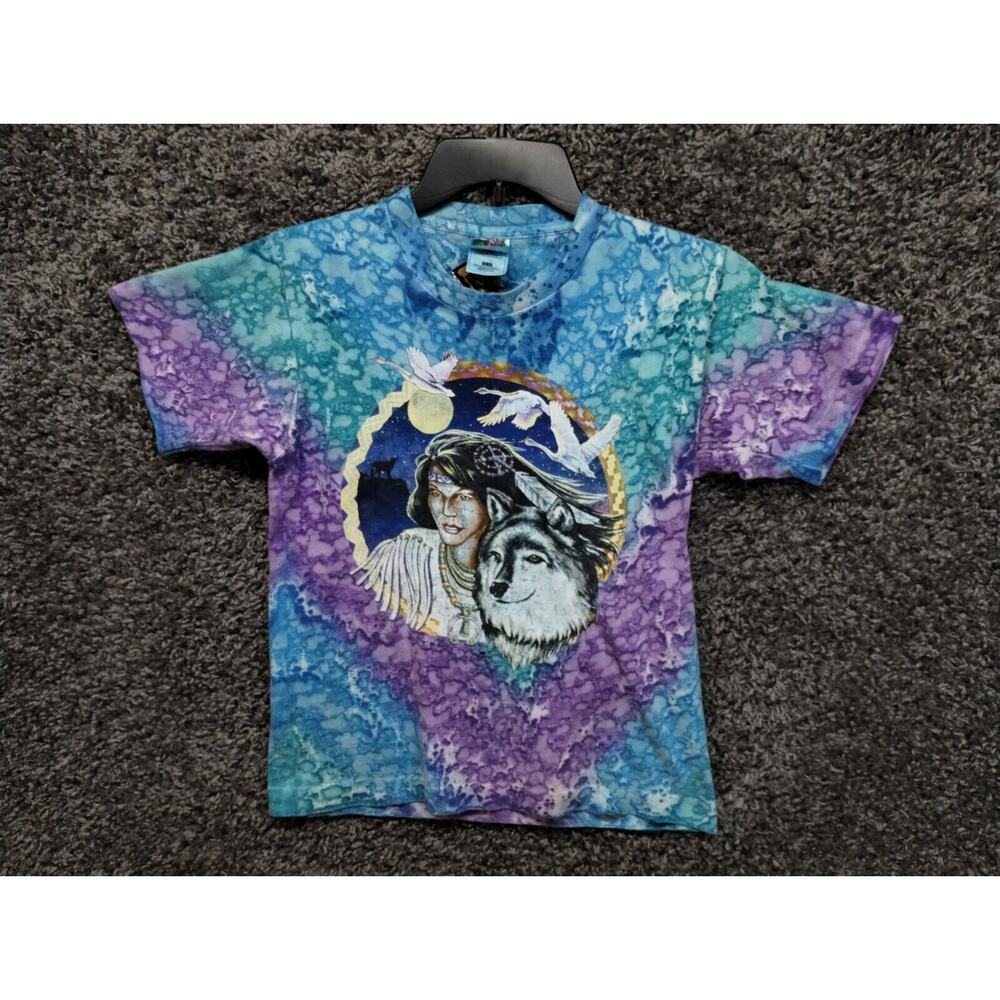 Vintage Native American Wolf Tie Dye T Shirt Youth 14 / 16 90s Single Stitch